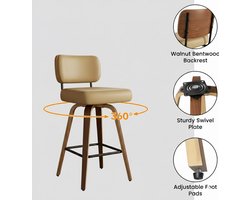 Barkruk Draaibaar Set van 2 – House&Garden Luxe Mid-Century Barstoelen met Rugleuning, 65 cm Zithoogte, PU-Leer en Massief Walnotenhout, 4 Poten met Voetensteun – Keuken- en Woonbarstoelen Kaki