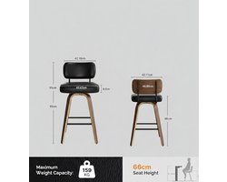 Barkruk Draaibaar Set van 2 – House&Garden Luxe Mid-Century Barstoelen met Rugleuning, 65 cm Zithoogte, PU-Leer en Massief Walnotenhout, 4 Poten met Voetensteun – Keuken- en Woonbarstoelen Zwart