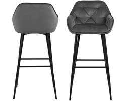 Barkruk Grijs Velvet - 53x52x104cm - Zithoogte 65cm - Incl. Rugleuning - Set van 2