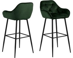Barkruk Groen Velvet - 53x52x104cm - Zithoogte 65cm - Incl. Rugleuning - Set van 2