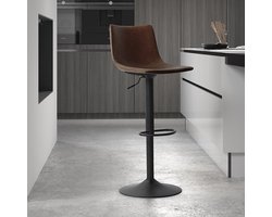 Barkruk Jeroen Bruin - Kunstleer - Set van 2 - Geschikt voor kookeiland - Met rugleuning - In hoogte verstelbaar - Zithoogte 61 - 83 cm - Zitdiepte 35 cm