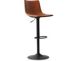 Barkruk Jeroen Cognac - Kunstleer - Set van 2 - Geschikt voor kookeiland - Met rugleuning - In hoogte verstelbaar - Zithoogte 61 - 83 cm - Zitdiepte 35 cm