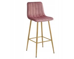 Barkruk POZZA - Donkerroze Fluweel - Eikenlook Metalen Poten - Moderne Barkruk met Rugleuning