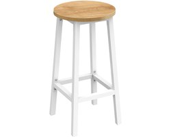 Barkruk – Rond – Eiken Kleur – Witte Metalen Poten – Met Voetsteun – Stevig en Stijlvol – Industriële Stijl – Ideaal voor Keuken en Bar – Ø32x65 cm