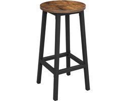 Barkruk – Rond – Rustiek Kleur – Zwarte Metalen Poten – Met Voetsteun – Stevig en Stijlvol – Industriële Stijl – Ideaal voor Keuken en Bar – Ø32x65 cm