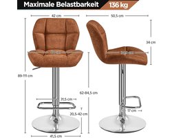 Barkruk, set van 2 barstoelen, in hoogte verstelbaar, met rugleuning en voetsteun, draaibare keukenkruk, PU kunstleer, zithoogte 62,5–84,5 cm, voor keuken/eetkamer, retro bruin