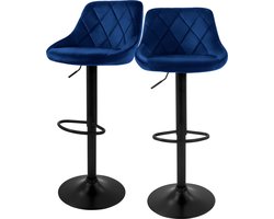 Barkruk set van 2 blauw fluwelen bekleding met rugleuning en voetensteun in hoogte verstelbaar 62-82cm ML-Design