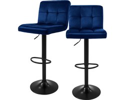 Barkruk set van 2 blauw fluwelen bekleding met rugleuning en voetensteun in hoogte verstelbaar 63-83cm ML-Design