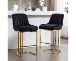 Barkruk Set van 2 Fluweel – 55x47x95 cm – Novihome Luxe Velvet Barstoelen met Rugleuning, Metalen Gouden Poten & Voetensteun – Moderne Barkrukken voor Keukeneiland, Eetkamer, Bar & Bistro – Zwart