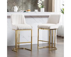 Barkruk Set van 2 Fluweel – Altameubel Luxe Velvet Barstoelen met Rugleuning & Metalen Poten – Moderne Keukeneiland Krukken met Voetensteun – 55×47×95 cm – wit