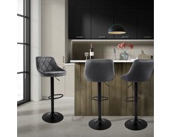 Barkruk set van 2 grijs fluwelen bekleding met rugleuning en voetensteun in hoogte verstelbaar 62-82cm ML-Design