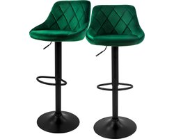 Barkruk set van 2 groen fluwelen bekleding met rugleuning en voetensteun in hoogte verstelbaar 62-82cm ML-Design