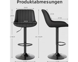 Barkruk Set van 2 – House&Garden Premium PU Luxe Barkrukken met Rugleuning – In Hoogte Verstelbaar 60-80 cm – 360° Draaibaar – Met Metalen Voetensteun – Inktzwart – Moderne Barstoelen voor Keukeneiland en Eetkamer