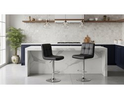 Barkruk Set van 2 – Luxe Verstelbare Barstoelen met Rugleuning en Voetensteun, 360° Draaibaar, PU-Leren Zitting, Gevoerde Keukenkrukken voor Bar, Toonbank en Keukeneiland – Zwart | House&Garden Prestige