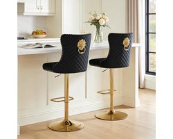 Barkruk Set van 2 Verstelbaar 40 x 46 x 118 cm – Luxe Fluwelen Barstoelen 360° Draaibaar met Rugleuning, Leeuwenkop Ring en Nieten – goud Zwarte Keukenkrukken met Voetensteun – Urbanhome