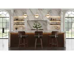 Barkruk Set van 3 – House&Garden Premium 360° Draaibare Houten Barkrukken 67 cm met Rugleuning & 7 cm Kunstleren Zitting – Nussbaum Hout – Zwart – Voor Keukeneiland & Bar