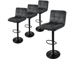 Barkruk set van 4 grijs fluwelen bekleding met rugleuning en voetensteun in hoogte verstelbaar 63-83cm ML-Design