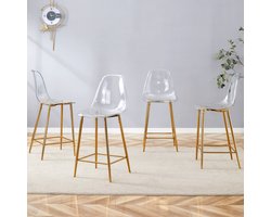 Barkruk - Transparant Design - Set van 4 - Met Rugleuning en Voetsteun - Voor Keuken, Bar en Eetkamer - Kunststof Goud