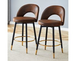 Barkruk - Vintage hoge kruk - 360° draaibaar - Metalen poten - Geschikt voor kookeilanden & bars - Bruin - Set van 2