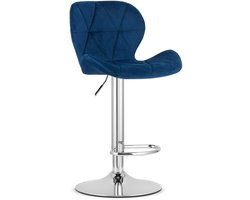 Barkruk WEST – Velvet Donkerblauw, Chromen Basis, Rugleuning, Verstelbare Hoogte, 360° Draaibaar, Comfortabele Voetsteun, Antislip Onderstel, Modern Design, Max. 110 kg