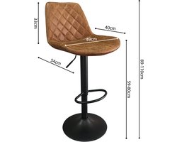 Barkruk Zoltan Cognac - Kunstleer - Set van 2 - Geschikt voor kookeiland - Draaibaar - Met rugleuning - In hoogte verstelbaar - Zithoogte 59 - 80 cm - Zitdiepte 40 cm