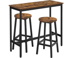 Barkrukken en bartafel set met een smalle tafel van 40 x 100 x 90 cm en twee krukken van 32 x 32 x 65 cm. Stevig en duurzaam metalen frame, met een stijlvol en eenvoudig ontwerp. Geschikt voor bar en restaurant. Bruin + zwart.