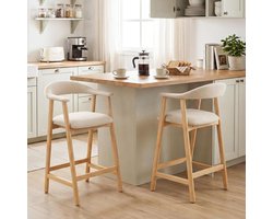 Barkrukken Set van 2 40x42x93,5 cm – Gestoffeerde Barstoelen met Rugleuning, Massief Eikenhout en Linnen Bekleding voor Keuken, Keukeneiland en Bartafel – Mobili Bella