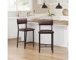 Barkrukken Set van 2 - Bruin PU-Leder - Zithoogte 65 cm - Industrieel Design - Voor Kookeiland & Bar - Met Rugleuning & Voetensteun