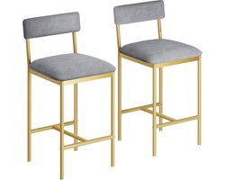 Barkrukken Set van 2 - Grijs Velvet met Gouden Poten - Modern Design - Barstoelen met Rugleuning en Voetensteun - Zithoogte 65 cm (Counter Height) - Grijs/Goud