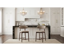 Barkrukken Set van 2 – House&Garden Luxe Mid-Century Barstoelen met Rugleuning – 63,5 cm Zithoogte – Beige Kunstleer – Massief Houten Poten – Keukeneiland, Bar & Eetkamer