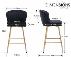 Barkrukken Set van 2 – House&Garden Luxe Velours Barstoelen 90 cm – Gestoffeerde Rugleuning – Zwarte Zitting – Met Gouden Metalen Poten – Voor Keuken, Eetkamer & Woonkamer