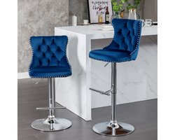 Barkrukken - Set van 2 - In Hoogte Verstelbaar - Draaibaar met Chrome Voet - Fluweel - Blauw