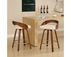 Barkrukken - Set van 2 - Zithoogte 63 cm - Lage Rugleuning - Hout en Textiel - Beige