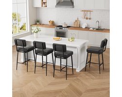 Barkrukken Set van 2 - Zithoogte 65 cm - Zwart PU-Leder - Industrieel Design - Met Rugleuning & Voetensteun - Belastbaar tot 181 kg