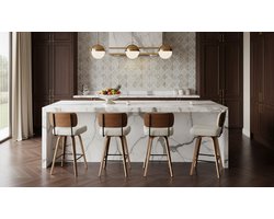 Barkrukken Set van 4 – House&Garden Draaibare Barstoelen met Rugleuning, 65 cm Zithoogte, PU-Leren Zitting en Massief Walnoothout, Mid-Century Modern Design met Voetensteun – Keuken, Bar en Eettafel Stoelen in Beige