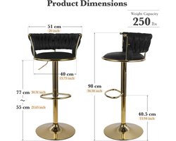 Barkrukken Set van 4 – House&Garden Noir Luxe Verstelbare Barstoelen – Fluweel Zwart met Goud Metaalframe – 360° Draaibaar – Ergonomische Rugleuning – 77-98 cm – Voor Keukeneiland & Huisbar