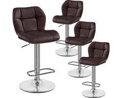 Barkrukken, set van 4, in hoogte verstelbaar, 360 graden draaibaar, keukenstoelen met rugleuning en voetensteun, barstoel, PU-leer, zithoogte 62,5 cm - 84,5 cm, voor de keuken, bruin