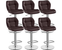 Barkrukken, set van 6, in hoogte verstelbaar, 360° draaibaar, keukenstoelen met rugleuning en voetensteun, barstoel, PU-leer, zithoogte 62,5 cm - 84,5 cm, voor de keuken, bruin