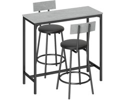 Barktafel met krukken set 100x40x90.5cm+41x47x92cm Grijs Metaal 3-delige set met 1 bartafel en 2 barkrukken met rugleuning zitkussen en voetensteun keuken en eetkamermeubels voor kleine ruimtes