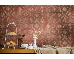 Barok behang Profhome 786723-GU vliesbehang hardvinyl warmdruk in reliëf gestructureerd met ornamenten en metalen accenten rood goud kastanjebruin 5,33 m2