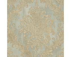 Barok behang Profhome 790492-GU vliesbehang hardvinyl warmdruk in reliëf licht gestructureerd met ornamenten en metalen accenten grijs groenbeige goud 5,33 m2