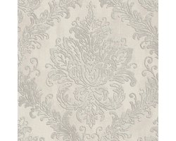 Barok behang Profhome 790494-GU vliesbehang hardvinyl warmdruk in reliëf licht gestructureerd met ornamenten en metalen accenten grijs parelwit zilver lichtgrijs 5,33 m2
