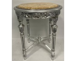 Barok bijzettafel - Ronde tafel - Woonkamer meubels - Massief hout marmer - 47x53 cm - Zilver beige