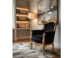 Barokke Fauteuil 'Al Capone' Mod 2 Zwart/Goud – Handgemaakt Antiek Lounge Stoel Hout 127x85x65 cm – Ganeey