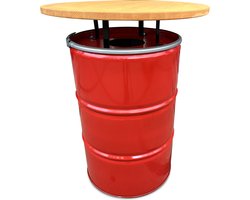 Barrelkings industrieel statafel/ prullenbak 2 in 1| Metaal Olievat 200 Liter rood Afvalbak/Prullenbak 200 Liter met gat deksel | Bar tafel/ Hangtafel met gelakte houtenblad. 80 cm/ 105 cm Inhoud 200 Liter.