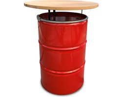 Barrelkings - Industriële Statafel/Bartafel - Rood Metaal Olievat - Ø80x105 cm - 200L - Gelakt Houten Tafelblad