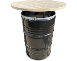 Barrelkings - Industriële Statafel/Bartafel - Zwart Metaal Olievat - Ø80x105 cm - 200L - Gelakt Houten Tafelblad - Afneembaar