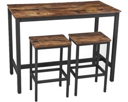 Barset 3-delig Bartafel 120×60×90cm + Barkruk 40×30×65cm bruin+Zwart Industrieel ontwerp Krukken kunnen onder de tafel geschoven worden voor ruimtebesparing Geschikt voor keuken, woonkamer en feestruimte
