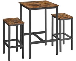Barset 3-delig met 1 tafel van 60 x 60 x 90 cm en 2 krukken van 30 x 40 x 65 cm, stevig en duurzaam metalen frame, krukken kunnen onder de tafel worden geschoven om ruimte te besparen, geschikt voor eetkamer en bar, bruin + zwart.
