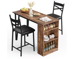Barset – Bartafelset – Eettafelset – Bistroset – Keukentafel Set – Uitschuifbare Bartafel – Donker Hout Met Zwart Metaal – 3 Opbergladen – Compact Voor Kleine Ruimtes